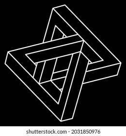 Impossible shapes. Sacred geometry figures. Optical illusion element. Abstract eternal geometric object. Impossible endless outline. Line art. Op art. Impossible geometry shape on a black background.