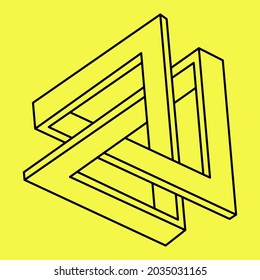 Impossible shapes. Sacred geometry figures. Optical illusion. Abstract eternal geometric object. Impossible endless outline. Line art. Optical art. Impossible geometry shape on a yellow background.