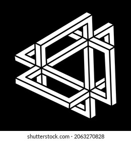 Impossible shapes. Sacred geometry figures. Optical illusion. Abstract eternal geometric object. Impossible endless outline. Escher style. Optical art. Impossible geometry shape on a black background.