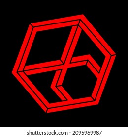 Impossible shapes. Sacred geometry figures. Optical illusion. Abstract eternal geometric object. Impossible endless outline. Optical art. Impossible geometry shape on a black background. Escher style.