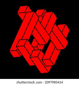 Impossible shapes. Sacred geometry figures. Optical illusion. Abstract eternal geometric object. Impossible endless outline. Optical art. Impossible geometry shape on a black background. Escher style.