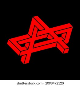 Unmögliche Formen. Heilige Geometriedaten. Optische Illusion. Abstrakte ewige geometrische Objekte. Unmögliche endliche Umrisse. Logo. Unmögliches geometrisches Objekt auf schwarzem Hintergrund. Optische Kunst.