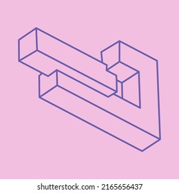 Impossible shapes. Sacred geometry figures. Optical illusion logo. Abstract eternal geometric object. Impossible endless outline. Line art. Optical art. Impossible geometry shape on a pink background.