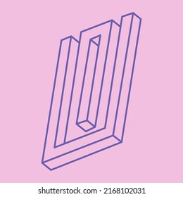 Impossible shapes. Sacred geometry figures. Optical illusion. Abstract eternal geometric objects. Impossible endless outline. Line art. Optical art. Impossible geometry shape on a pink background.