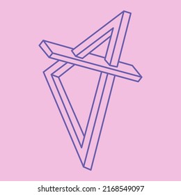 Formas imposibles. Cifras sagradas de geometría. Triángulo de ilusión óptica. Resumen de objetos geométricos eternos. Imposible contorno interminable. Arte óptico. Forma de geometría imposible sobre un fondo rosado.