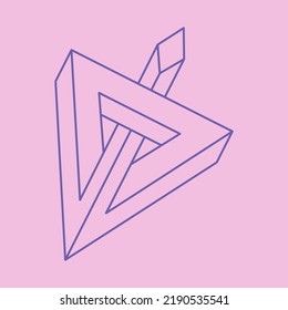 Impossible shapes. Sacred geometry figures. Optical illusion logo. Abstract eternal geometric object. Impossible endless outline. Optical art Tattoo. Impossible geometry shape on a pink background. 