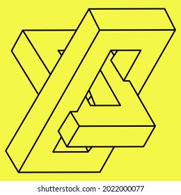 Impossible shapes. Sacred geometry object. Optical illusion shape. Abstract eternal geometric object. Impossible endless outline figure. Optical art. Impossible geometry shape on a yellow background.
