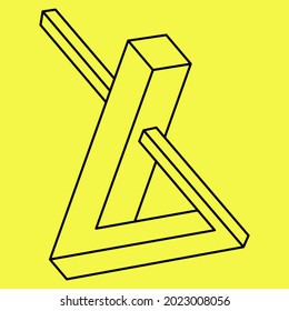 Formas imposibles. Objeto sagrado de geometría. Figuras de ilusión óptica. Resumen geométrico eterno. Formas de contorno interminables imposibles. Op art. Forma de geometría imposible sobre un fondo amarillo. Arte de línea.