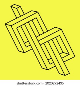 Impossible shapes. Sacred geometry. Optical illusion. Abstract eternal geometric object. Impossible endless outline triangle. Optical art. Impossible geometry symbol on a yellow background. Line art.