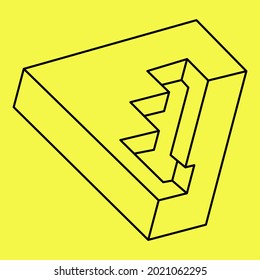 Impossible shapes. Sacred geometry. Optical illusion. Abstract eternal geometric object. Impossible endless outline triangle. Op art. Impossible geometry shape on a yellow background. 
