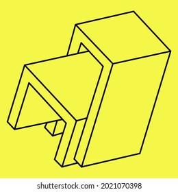 Impossible shapes. Sacred geometry. Optical illusion shape. Abstract eternal geometric object. Impossible endless outline. Impossible geometry figure on a yellow background. Op art. Line art.