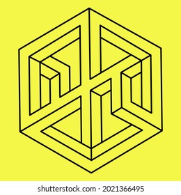 Impossible shapes. Sacred geometry. Optical illusion. line art. Abstract eternal geometric object. Impossible endless outline. Op art. Impossible geometry shape on a yellow background.