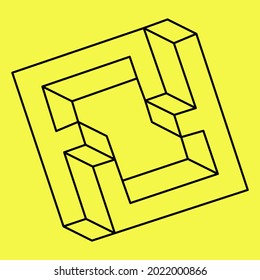 Impossible shapes. Sacred geometry. Optical illusion figure. Abstract eternal geometric object. Impossible endless outline shape. Op art. Impossible geometry shape on a yellow background. Line design.