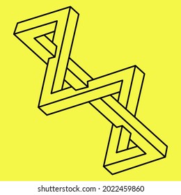 Impossible shapes. Sacred geometry. Optical illusion figures. Abstract eternal geometric objects. Impossible endless outline shapes. Op art. Impossible geometry shape on a yellow background. Line art.