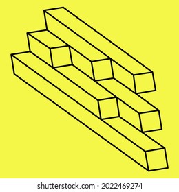 Formas imposibles. Geometría sagrada. Figuras de ilusión óptica. Resumen de objeto geométrico eterno. Formas de contorno interminables imposibles. Arte óptico. Forma de geometría imposible sobre un fondo amarillo. 