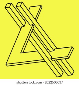 Impossible shapes. Sacred geometry. Optical illusion figure. Abstract eternal geometric objects. Impossible endless outline shapes. Op art. Impossible geometry shape on a yellow background. Line art.