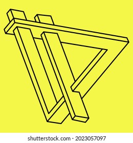 Impossible shapes. Sacred geometry. Optical illusion figure. Abstract eternal geometric object. Impossible endless outline triangle. Op art. Impossible geometry shape on a yellow background. Line art.