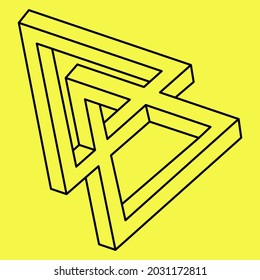 Impossible shapes. Sacred geometry. Optical illusion figure. Abstract eternal geometric object. Impossible endless outline. Optical art. Impossible geometry shape on a yellow background. Line art.