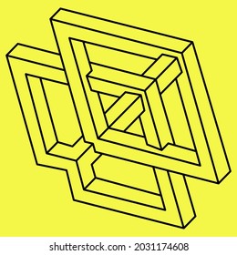 Impossible shapes. Sacred geometry. Optical illusion figures. Abstract eternal geometric object. Impossible endless outline. Impossible geometry shape on a yellow background.