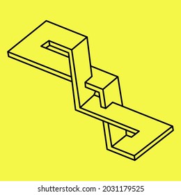 Impossible shapes. Sacred geometry. Optical illusion. Abstract eternal geometric object. Optical art. Impossible geometry figure on a yellow background.
