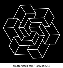 Impossible shapes. Sacred geometry. Optical illusion. Abstract eternal geometric objects. Impossible endless outline triangle. Op art. Impossible geometry symbol on a black background. Line art.