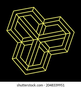 Impossible shapes. Sacred geometry. Optical illusion. Abstract eternal geometric object. Impossible endless outline. Line art. Optical art. Impossible geometry shape on a black background.