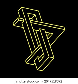 Impossible shapes. Sacred geometry. Optical illusion figure. Abstract eternal geometric objects. Impossible endless outline shape. Op art. Impossible geometry shape on a black background. Line art.