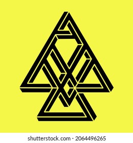 Impossible shapes. Sacred geometry. Optical illusion figure. Abstract eternal geometric object. Escher style. Impossible endless outline. Op art. Impossible geometry shape on a yellow background. 