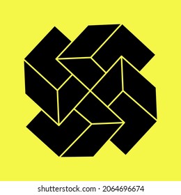 Formas imposibles. Geometría sagrada. Figuras de ilusión óptica. Resumen de objetos geométricos eternos. Formas de contorno interminables imposibles. Paradoja de Escher. Forma de geometría imposible sobre un fondo amarillo.