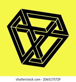 Impossible shapes. Sacred geometry. Optical illusion figures. Abstract eternal geometric object. Escher style. Optical art. Impossible geometry shape on a yellow background.