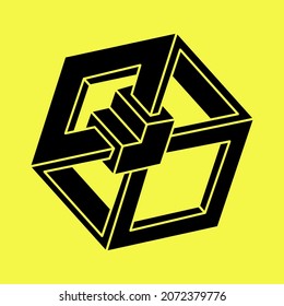 Impossible shapes. Sacred geometry. Optical illusion figures. Abstract eternal geometric object. Impossible geometry shape on a yellow background. Optical art.