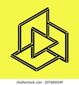 Impossible shapes. Sacred geometry. Optical illusion figure. Abstract eternal geometric object. Impossible endless outline shape. Optical art. Impossible geometry shape on a yellow background.