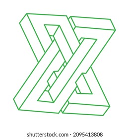 Formas imposibles. Geometría sagrada. Ilusión óptica. Resumen de objeto geométrico eterno. Imposible logotipo de contorno interminable. Objeto geométrico imposible en un fondo blanco. Op art.