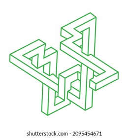 Formas imposibles. Geometría sagrada. Figuras de ilusión óptica. Resumen de objetos geométricos eternos. Formas de contorno interminables imposibles. Op art. Forma de geometría imposible sobre un fondo blanco. Arte de línea.