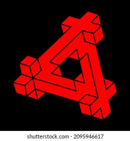 Impossible shapes. Sacred geometry. Optical illusion modern logo. Abstract eternal geometric objects. Optical art. Impossible geometry symbol on a black background. Line art. Escher style.