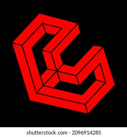 Impossible shapes. Sacred geometry. Optical illusion logo. Abstract eternal geometric objects. Optical art. Impossible geometry symbol on a black background. Line art. Escher style.