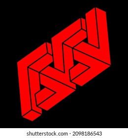 Impossible shapes. Sacred geometry. Optical illusion figures. Abstract eternal geometric objects. Impossible endless outline logo. Op art. Impossible geometry shape on a black background. Line art.
