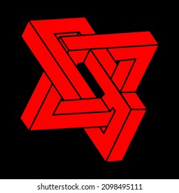 Unmögliche Formen. Heilige Geometrie. Optisches Illusionslogo. Abstraktes ewiges geometrisches Objekt. Optische Kunst. Unmögliche Geometrie-Symbol auf schwarzem Hintergrund. Line Art. Escher Stil.