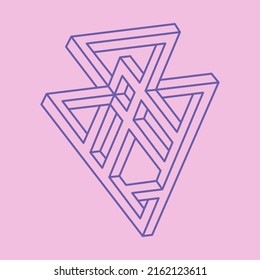 Impossible shapes. Sacred geometry. Optical illusion. Abstract eternal geometric objects. Optical art. Impossible geometry symbol on a pink background. Line art. Escher style.