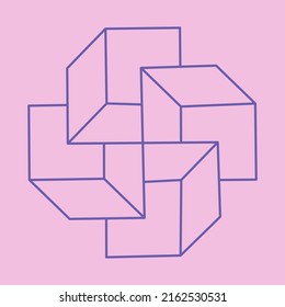 Impossible shapes. Sacred geometry. Optical illusion figure. Abstract eternal geometric objects. Impossible endless outline shape. Optical art. Impossible geometry shape on a pink background. 