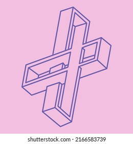 Impossible shapes. Sacred geometry. Optical illusion. Abstract eternal geometric object. Optical art. Impossible geometry symbol on a pink background. Line art. Escher style.