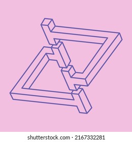 Impossible shapes. Sacred geometry. Optical illusion pattern. Abstract eternal geometric objects. Optical art. Impossible geometry symbol on a pink background. Line art. Escher style.