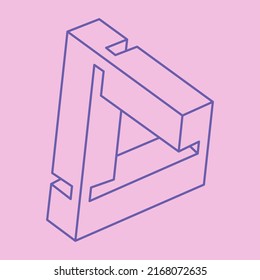 Impossible shapes. Sacred geometry. Optical illusion figures. Abstract eternal geometric objects. Impossible endless outline shape. Optical art logo. Impossible geometry shape on a pink background. 
