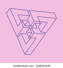 Impossible shapes. Sacred geometry. Optical illusion figure. Abstract eternal geometric objects. Impossible endless outline triangle. Op art. Impossible geometry shape on a pink background. Line art.