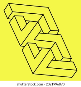 Formas imposibles. Forma de geometría sagrada. Ilusión óptica. Resumen de objeto geométrico eterno. Imposible contorno interminable. Op art. Line art. Imposible forma de geometría sobre un fondo amarillo.