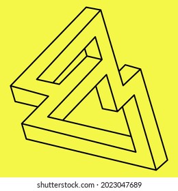 Formas imposibles. Forma de geometría sagrada. Ilusión óptica. Resumen de objetos geométricos eternos. Imposible contorno interminable. Op art. Forma de geometría imposible sobre un fondo amarillo. Arte de línea.