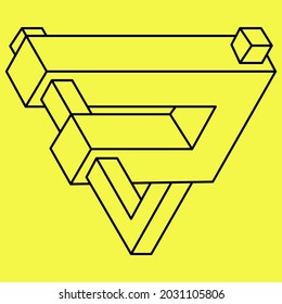 Impossible shapes. Sacred geometry triangle. Optical illusion figure. Abstract eternal geometric object. Impossible endless outline. Line art. Op art. Impossible geometry shape on a yellow background.