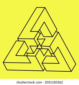 Formas imposibles. Triángulo de geometría sagrada. Ilusión óptica. Resumen de objeto geométrico eterno. Imposible contorno interminable. Arte de líneas. Arte de operaciones. Forma de geometría imposible sobre un fondo amarillo.
