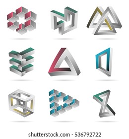 Impossible Shapes Set. Colorful Trendy Creative Figures With Optical Illusion. Paradox Elements. Unreal Geometrical Symbols In A Surreal Style. Vector Illustration