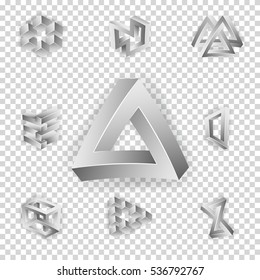 Impossible Shapes Set. Transparence Background. Trendy Creative Figures With Optical Illusion. Paradox Elements. Unreal Geometrical Symbols In A Surreal Style. Vector Illustration